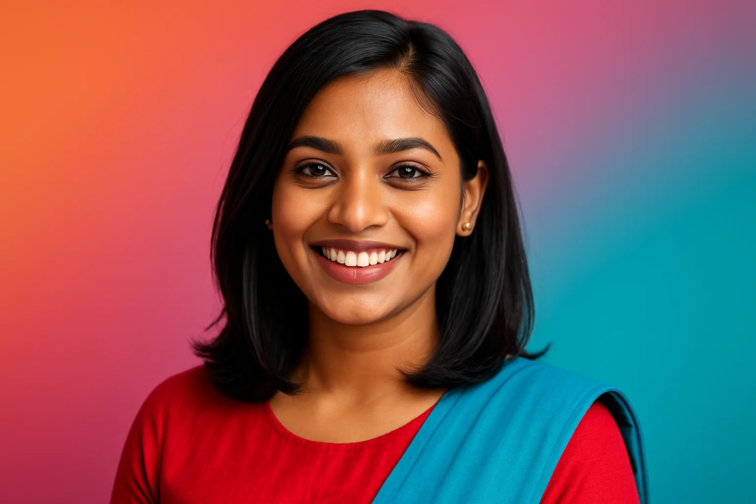 High-resolution portrait of happy Bangladeshi woman in modern dress on gradient background