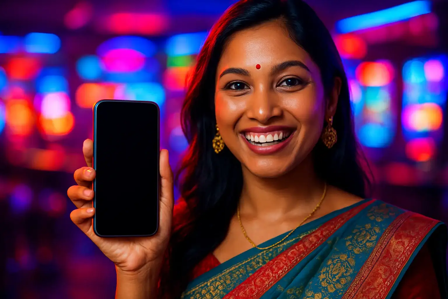Joyful Bangladeshi woman holding phone with blank screen in neon casino bar