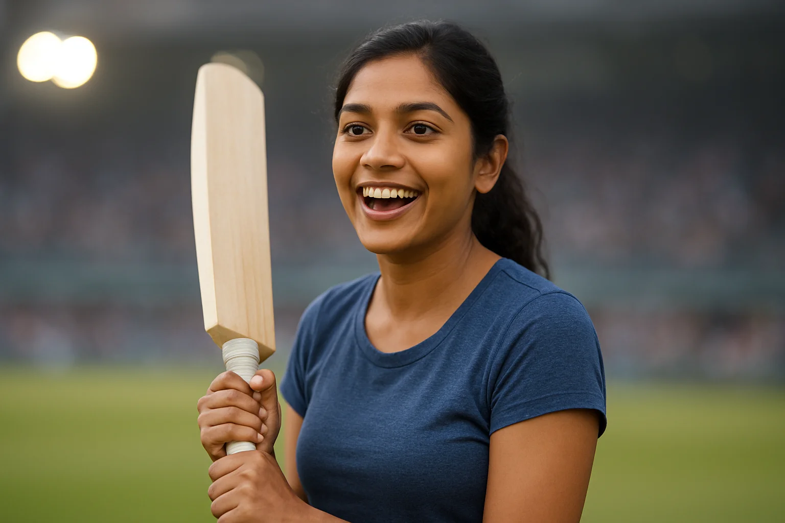 Excited Bangladeshi woman holding cricket bat in stadium background