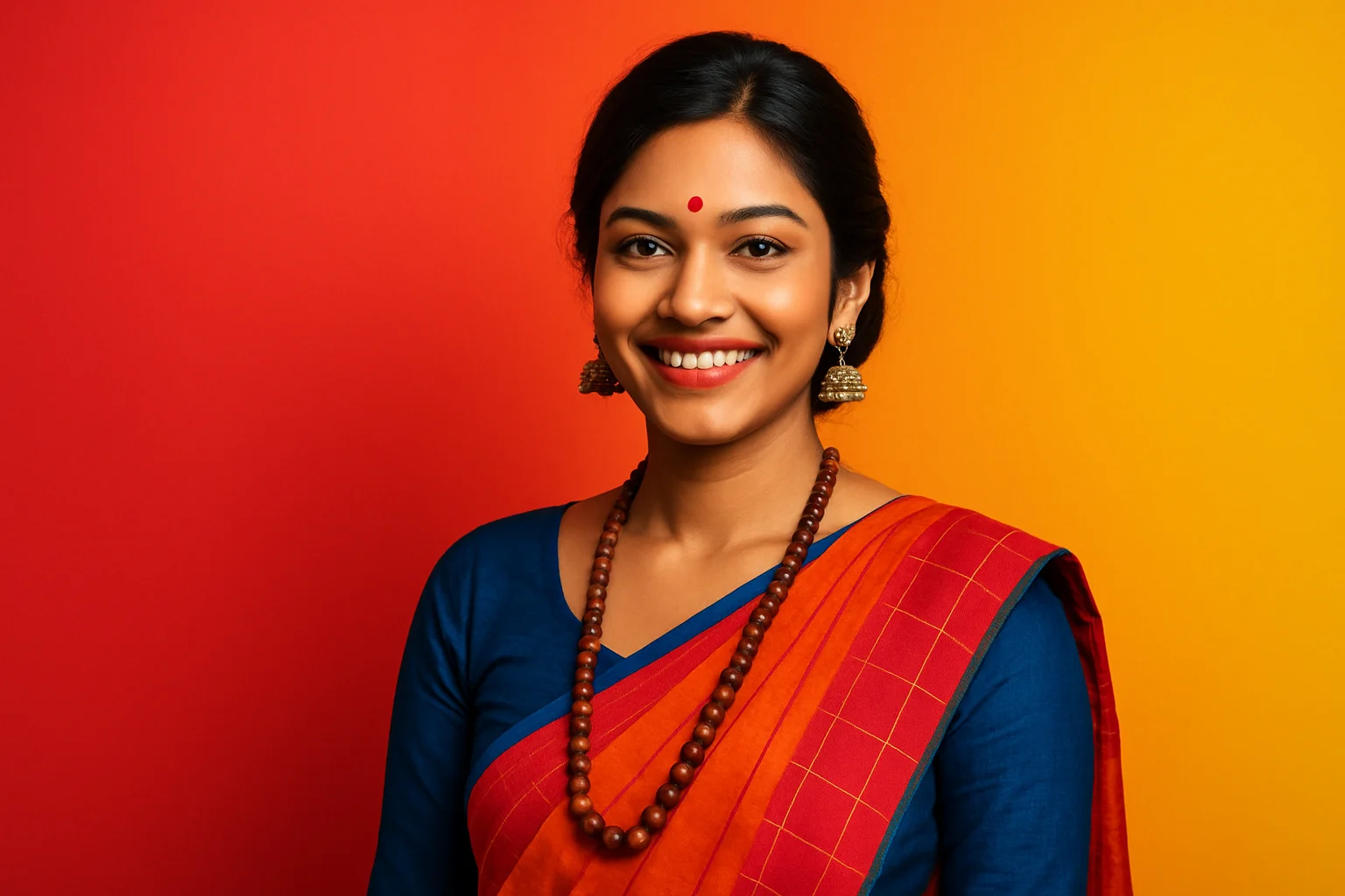 High-resolution portrait of happy Bangladeshi woman in modern fusion wear