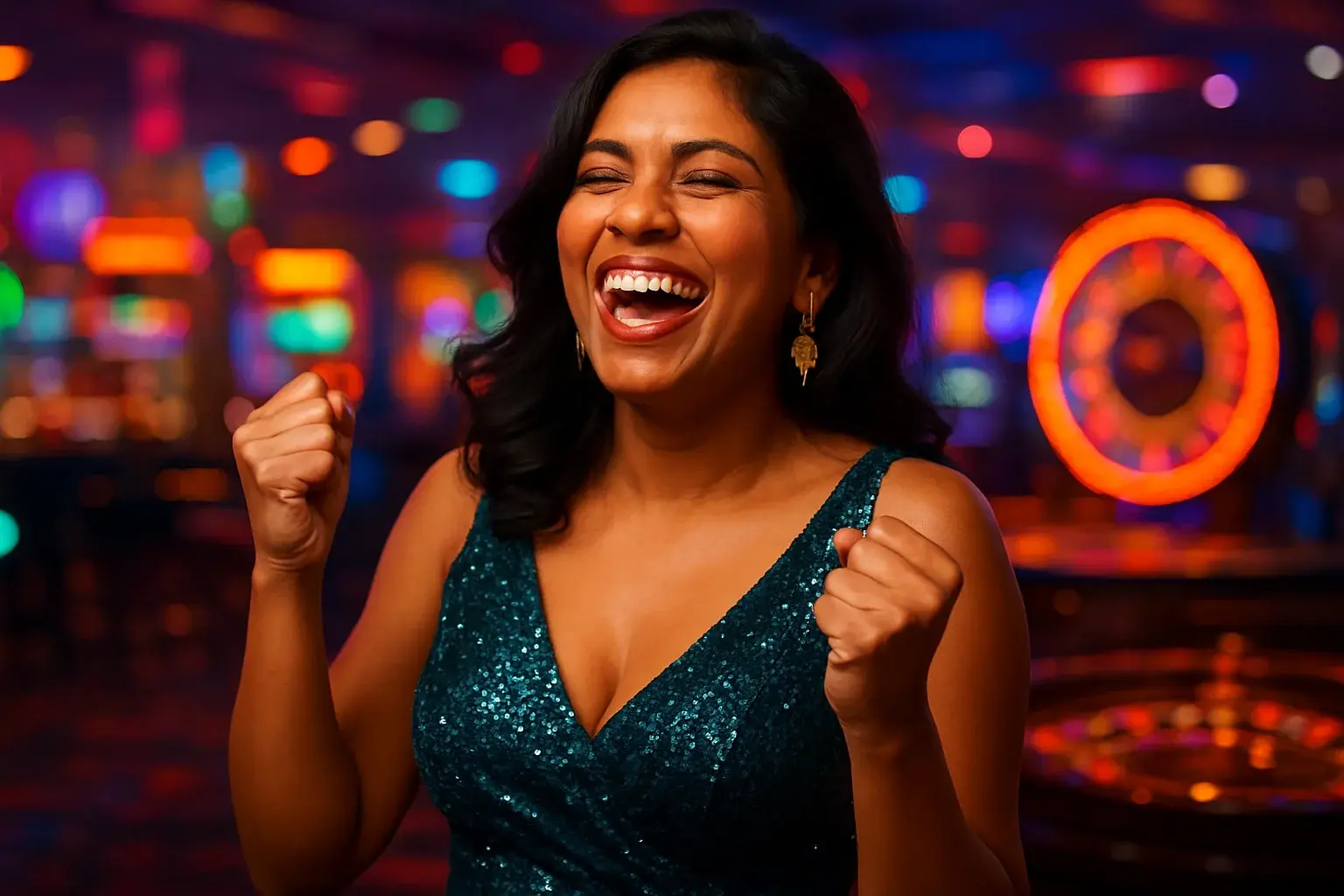 Joyful Bangladeshi woman laughing in evening dress at neon casino bar