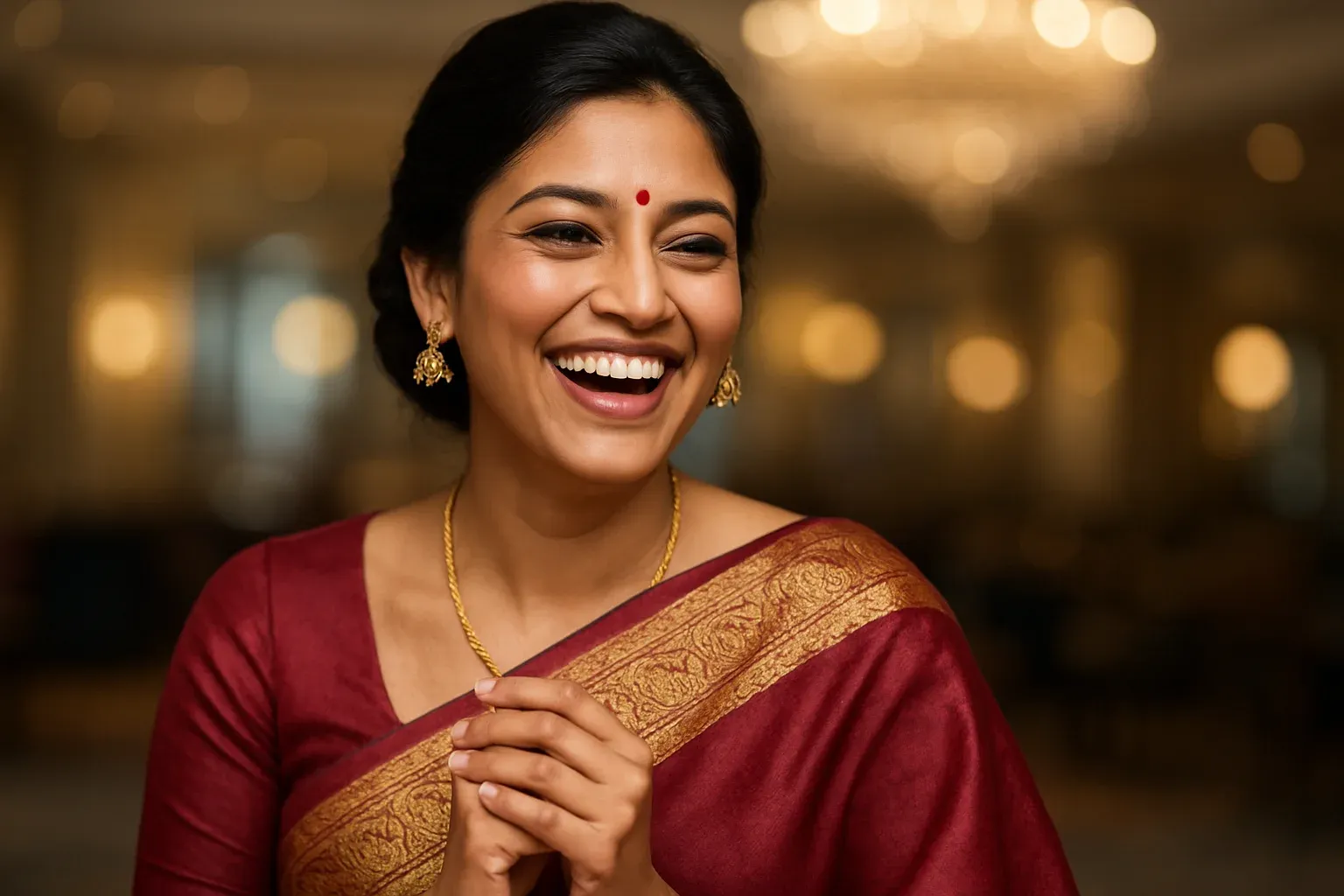 Sophisticated Bangladeshi woman in elegant saree laughing in VIP casino lounge