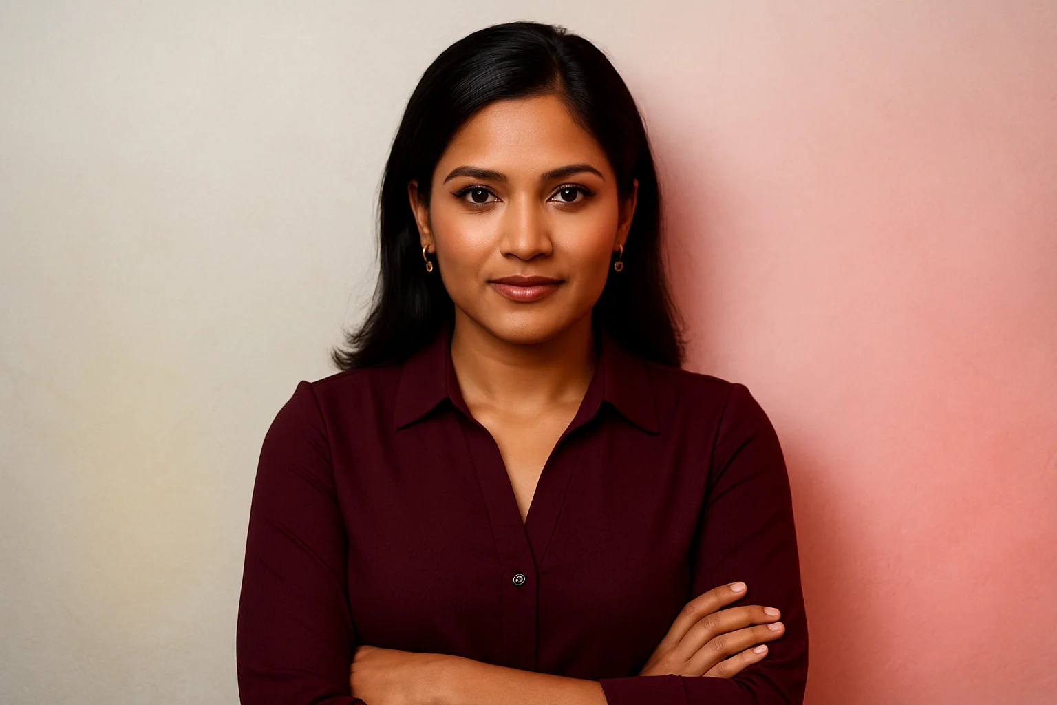 High-resolution portrait of confident Bangladeshi woman with gold and red lighting