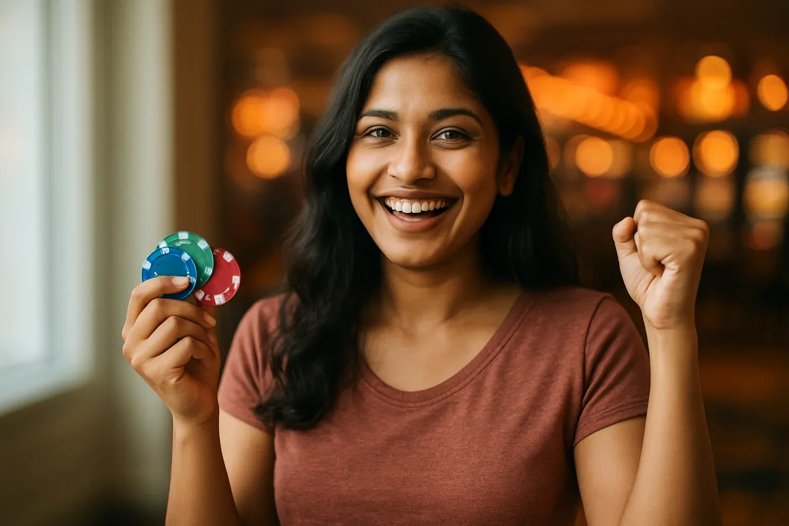 Joyful Bangladeshi woman holding casino chips in victory, blurred neon casino background